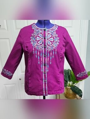 BOB MACKIE Wearable Art Santa Fe Dream Embroidered 3/4 Sleeve, handpocket Jacket